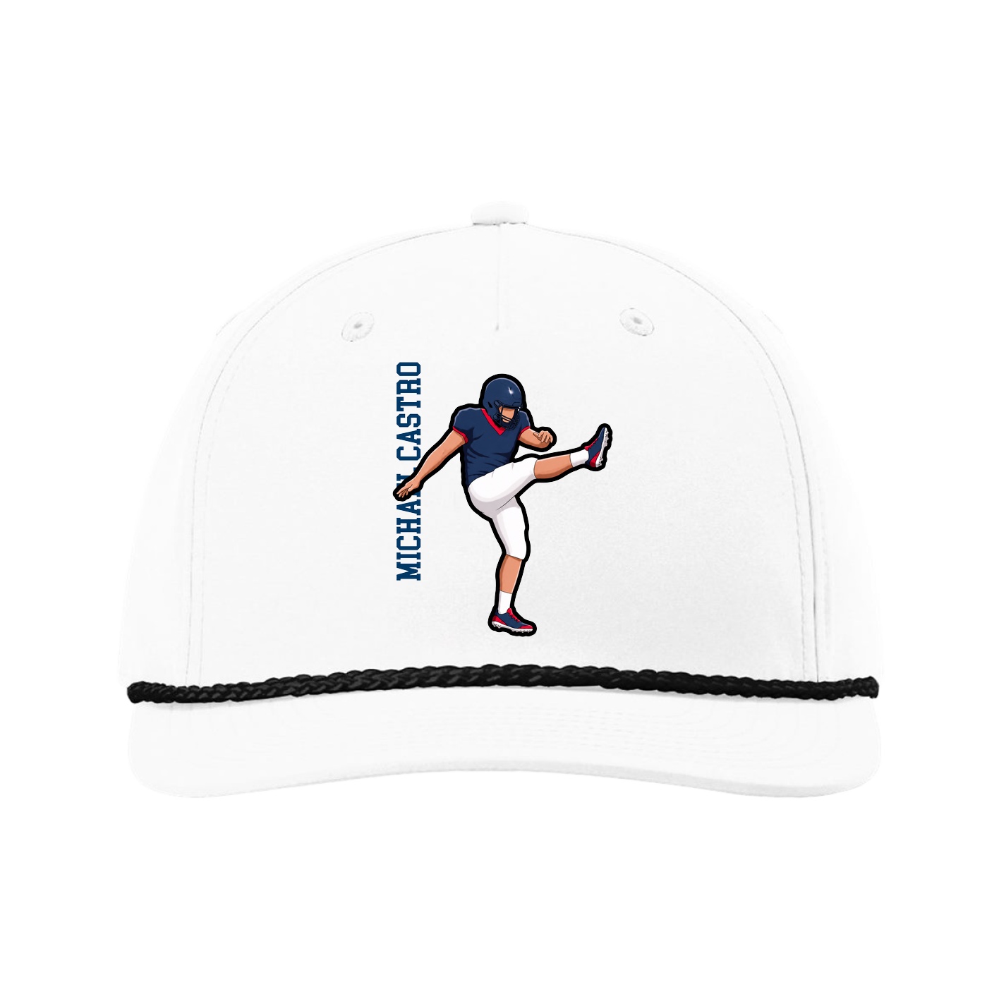 Five-Panel Classic Rope Cap — Name Vertical in White