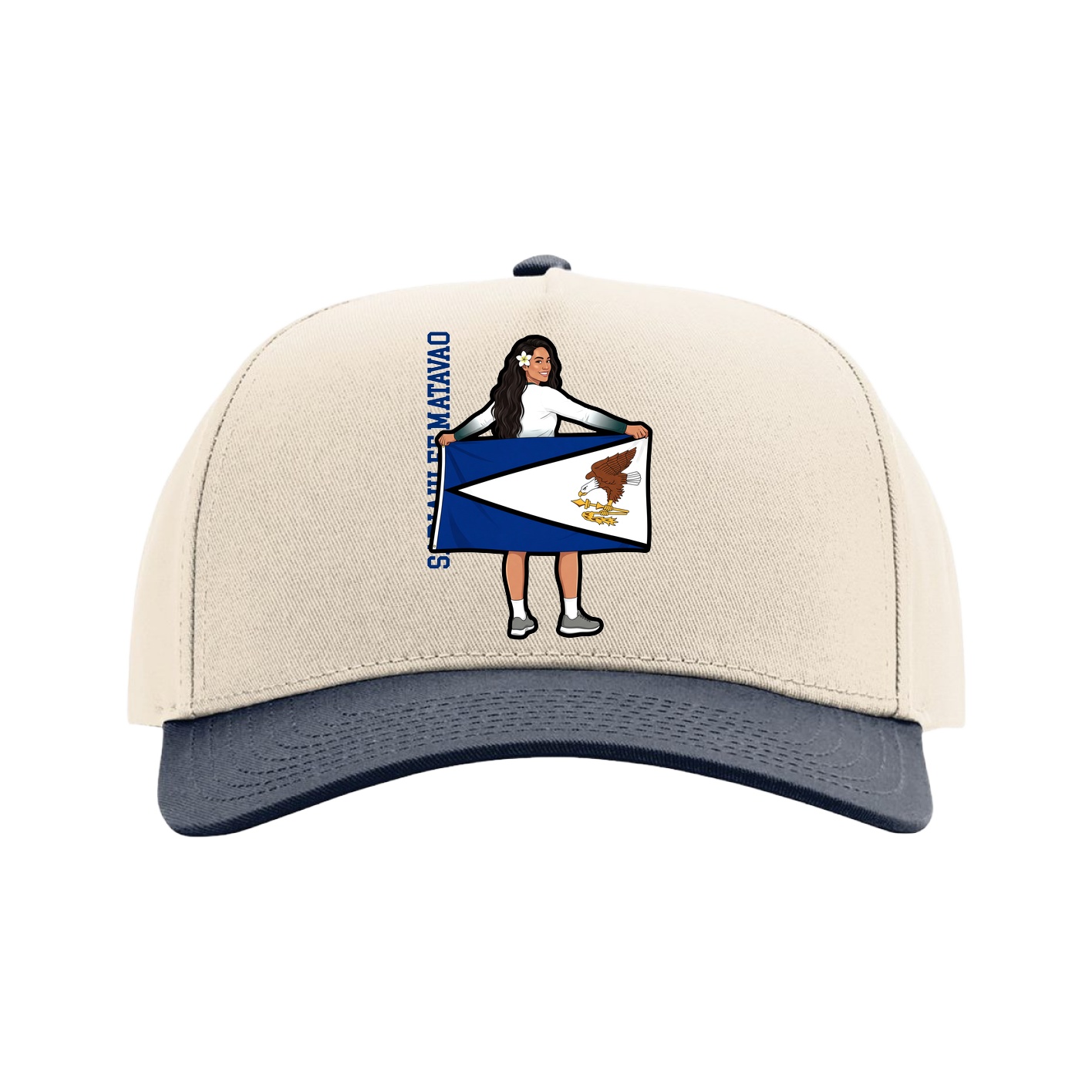 Full Fabric Five-Panel Champ Cap — Name Vertical in Cream/Navy