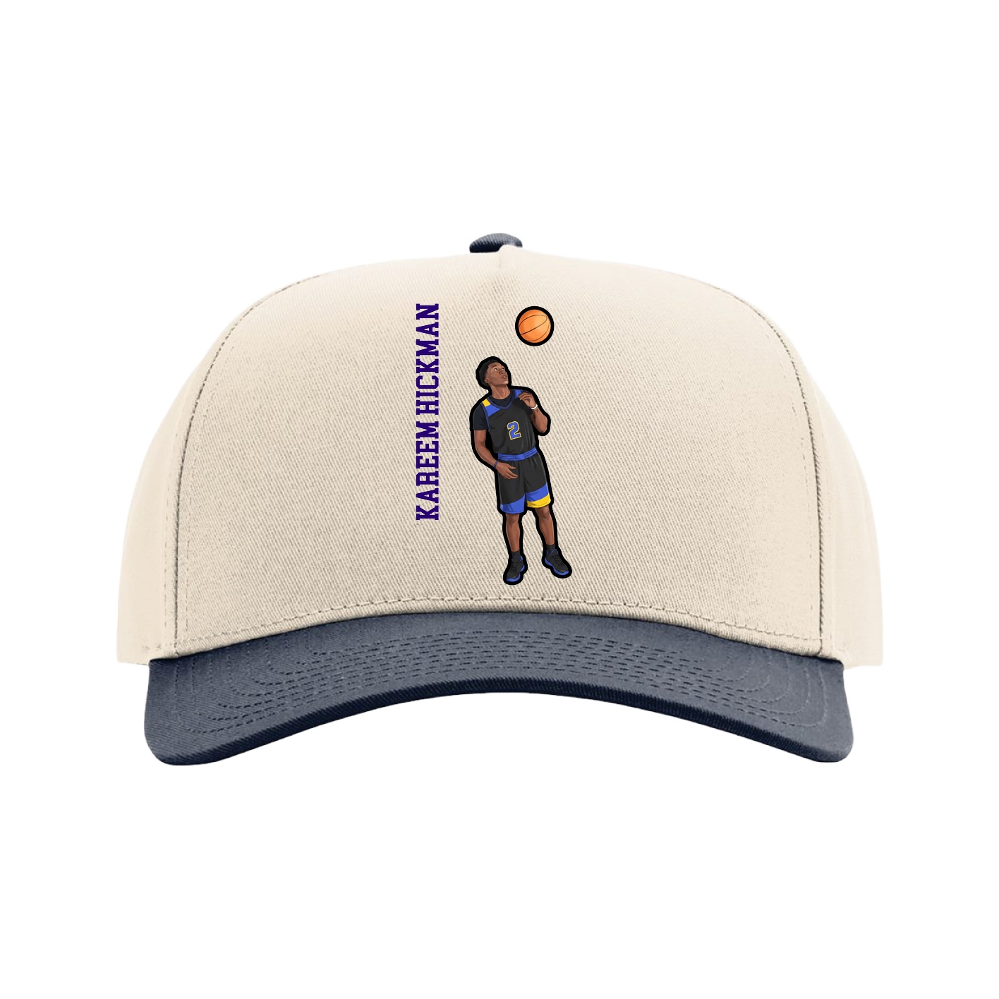 Full Fabric Five-Panel Champ Cap — Name Vertical in Cream/Navy