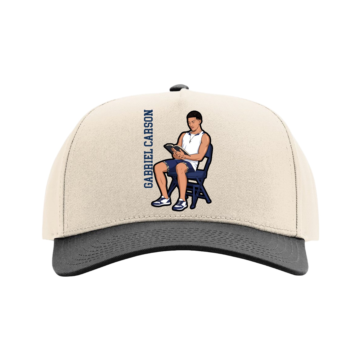 Full Fabric Five-Panel Champ Cap — Name Vertical in Cream/Black