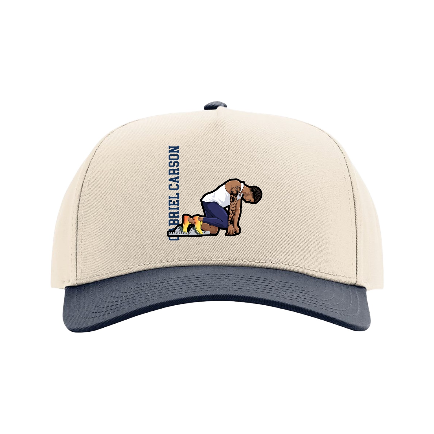 Full Fabric Five-Panel Champ Cap — Name Vertical in Cream/Navy