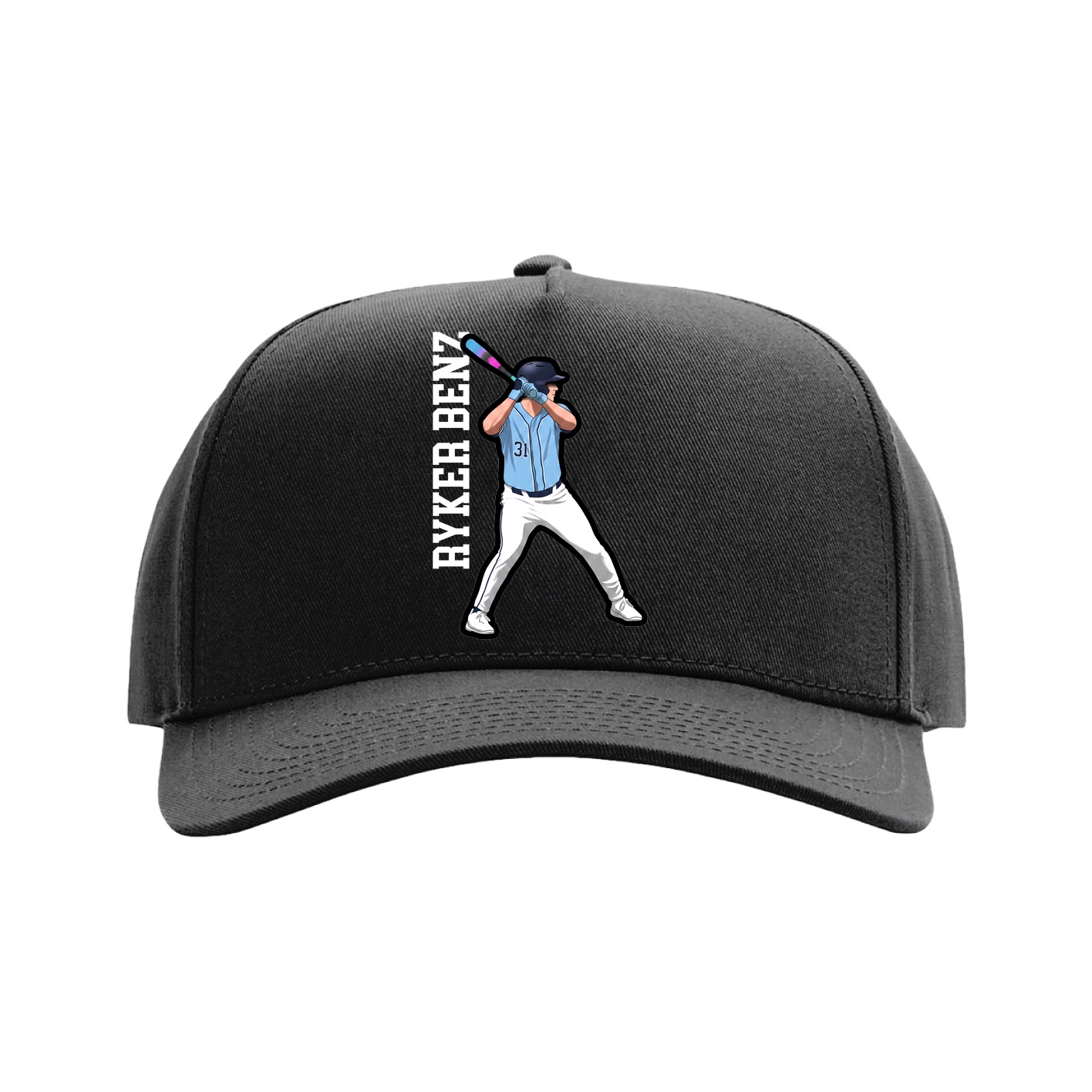 Full Fabric Five-Panel Champ Cap — Name Vertical in Black