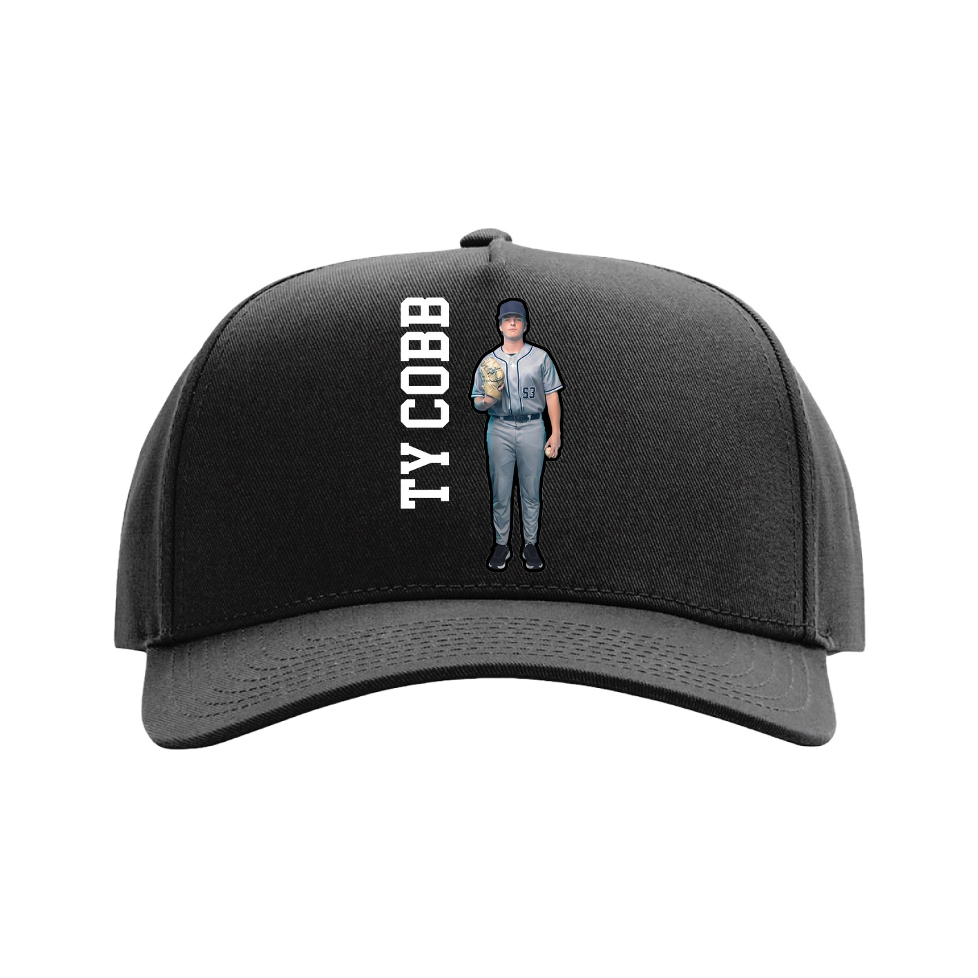 Full Fabric Five-Panel Champ Cap — Name Vertical in Black