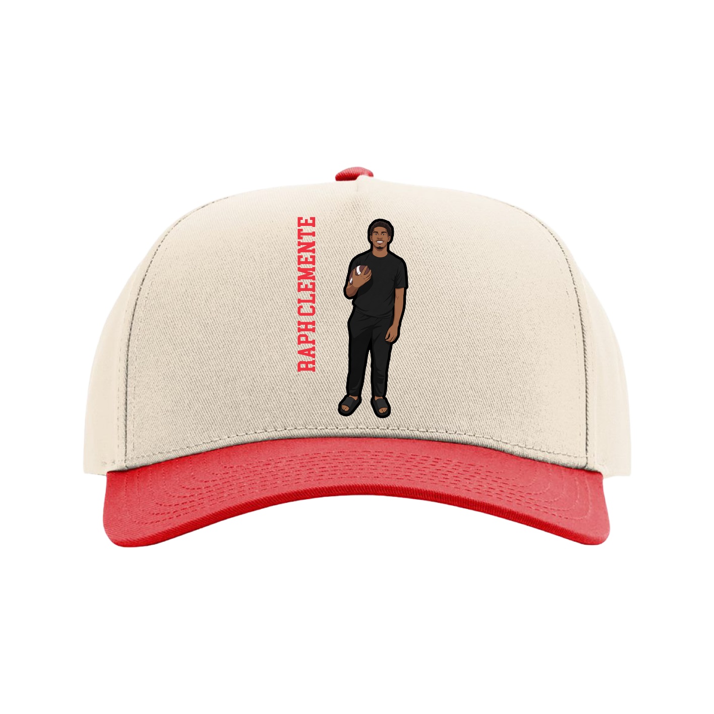 Full Fabric Five-Panel Champ Cap — Name Vertical in Cream/Red