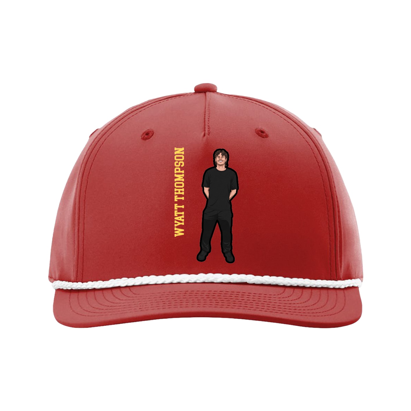 Five-Panel Classic Rope Cap — Name Vertical in Red