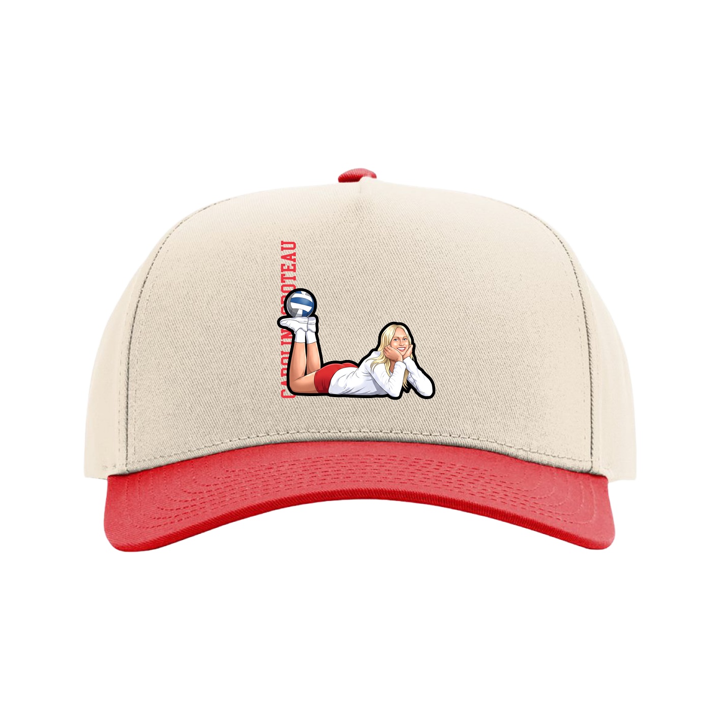 Full Fabric Five-Panel Champ Cap — Name Vertical in Cream/Red