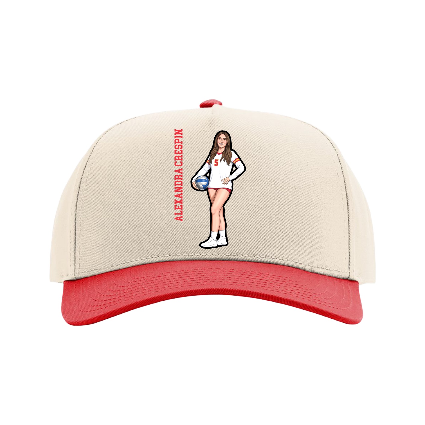 Full Fabric Five-Panel Champ Cap — Name Vertical in Cream/Red
