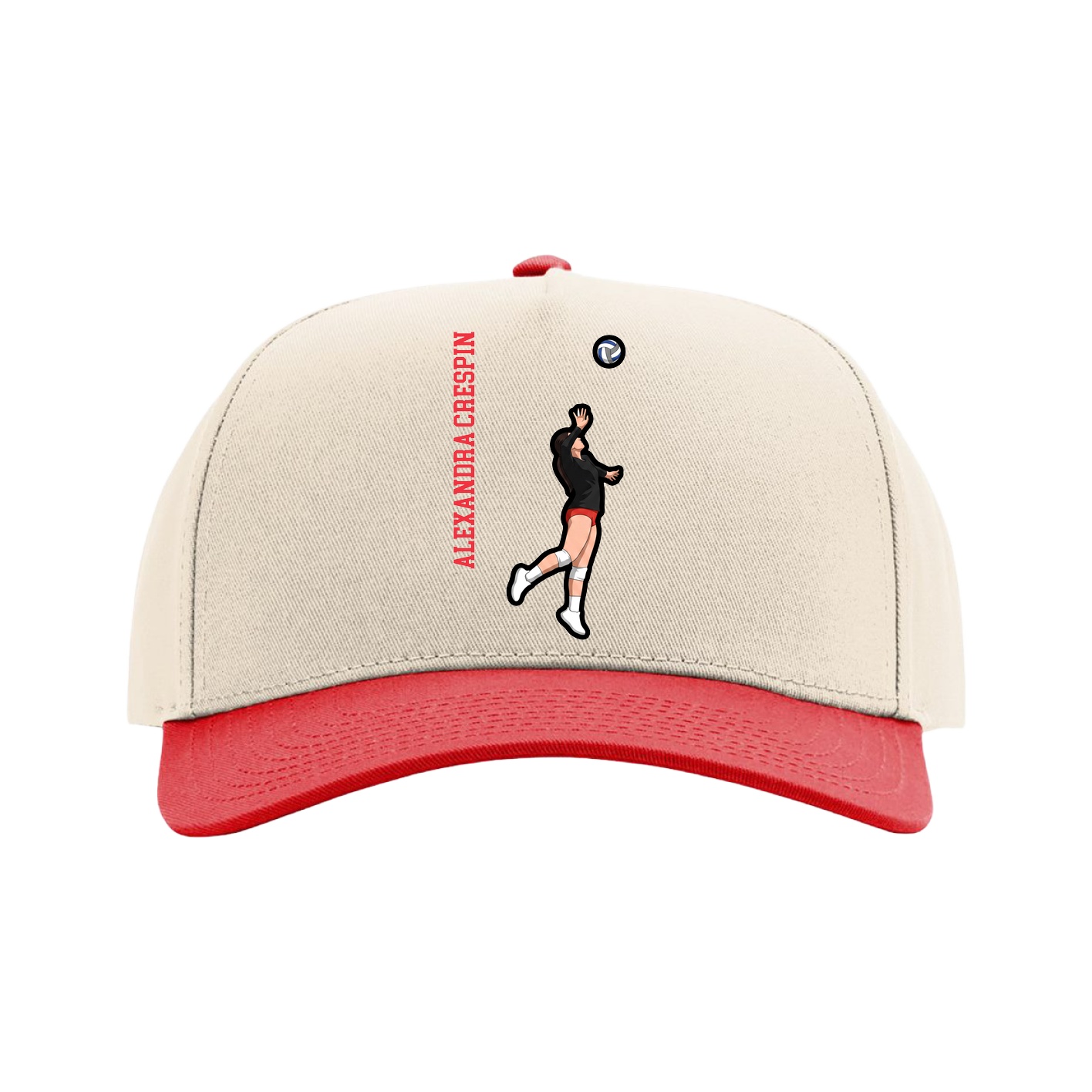 Full Fabric Five-Panel Champ Cap — Name Vertical in Cream/Red