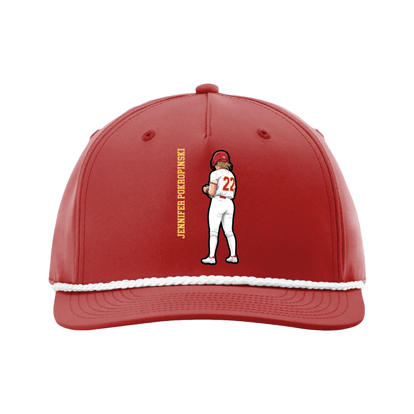 Five-Panel Classic Rope Cap — Name Vertical in Red