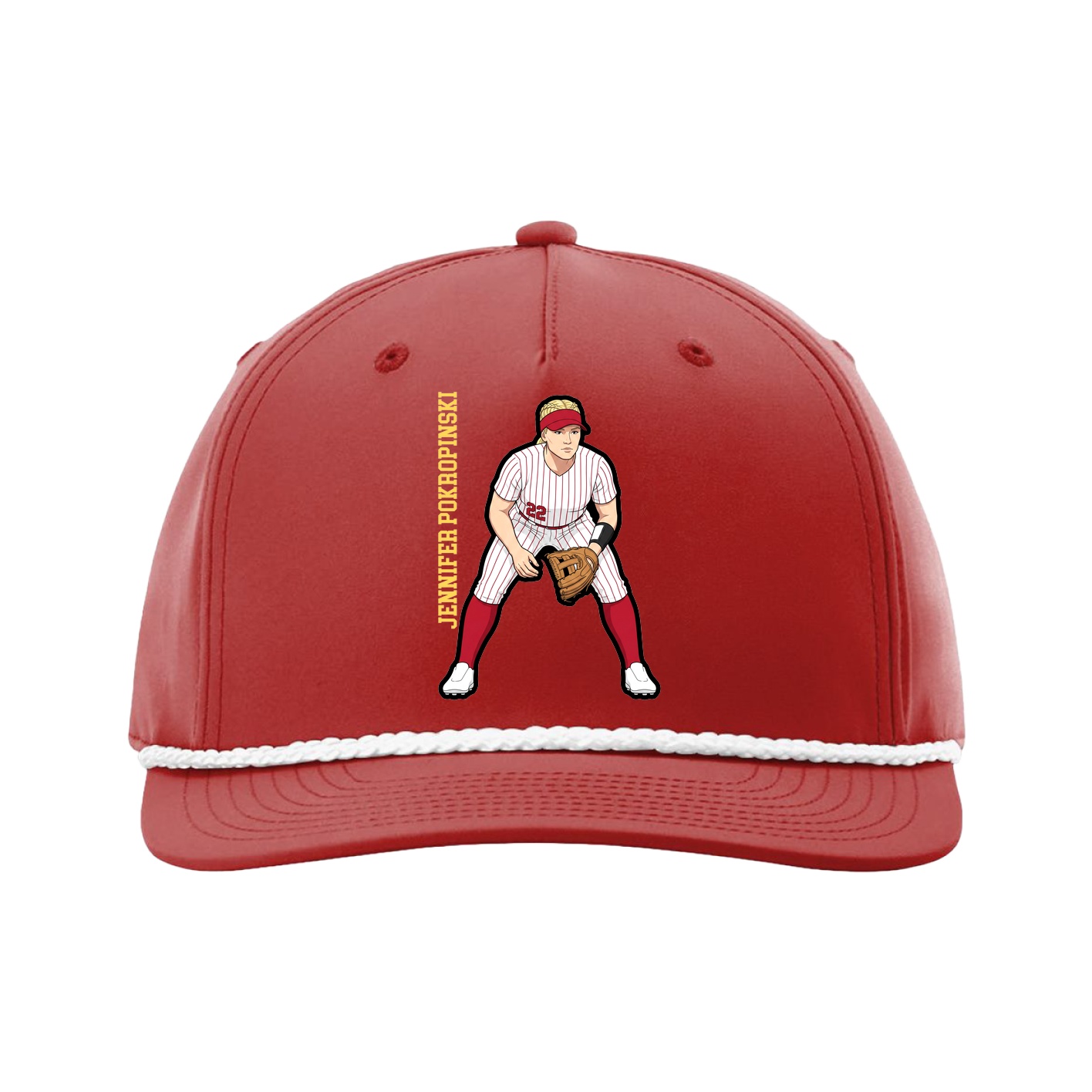 Five-Panel Classic Rope Cap — Name Vertical in Red