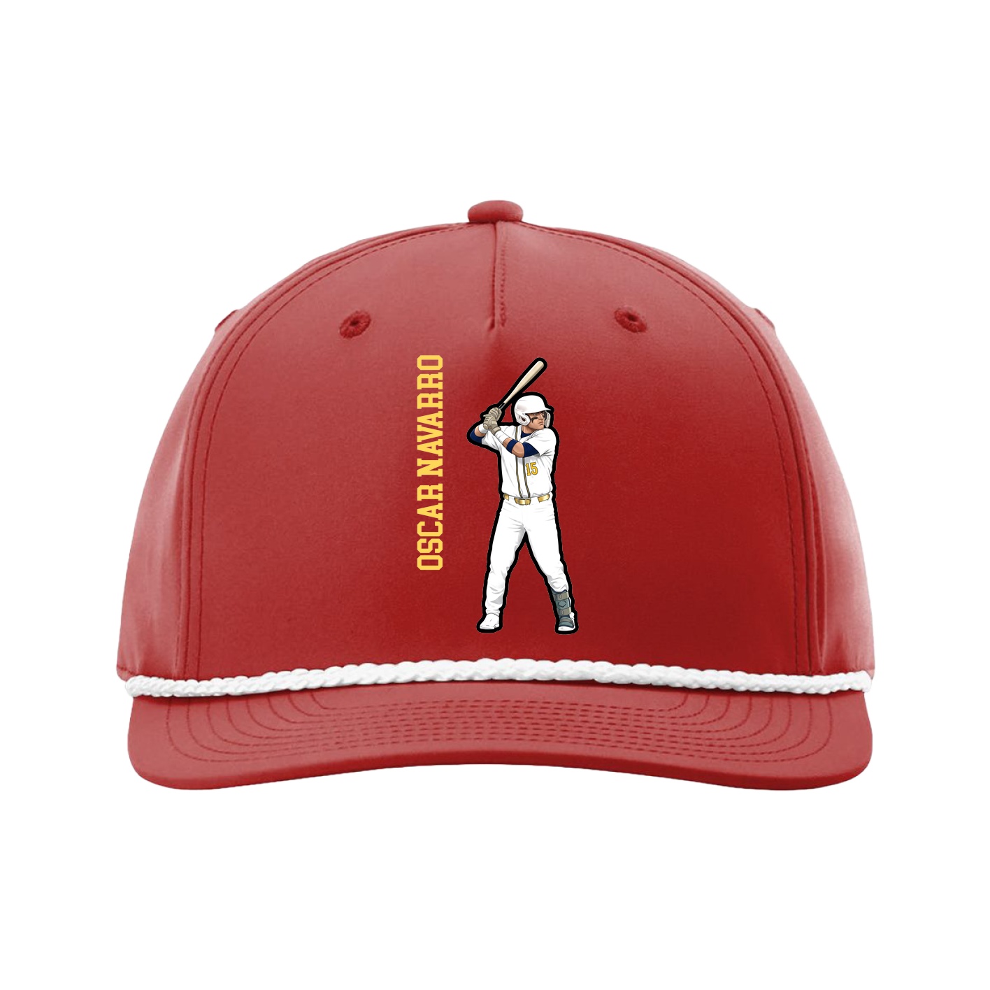 Five-Panel Classic Rope Cap — Name Vertical in Red