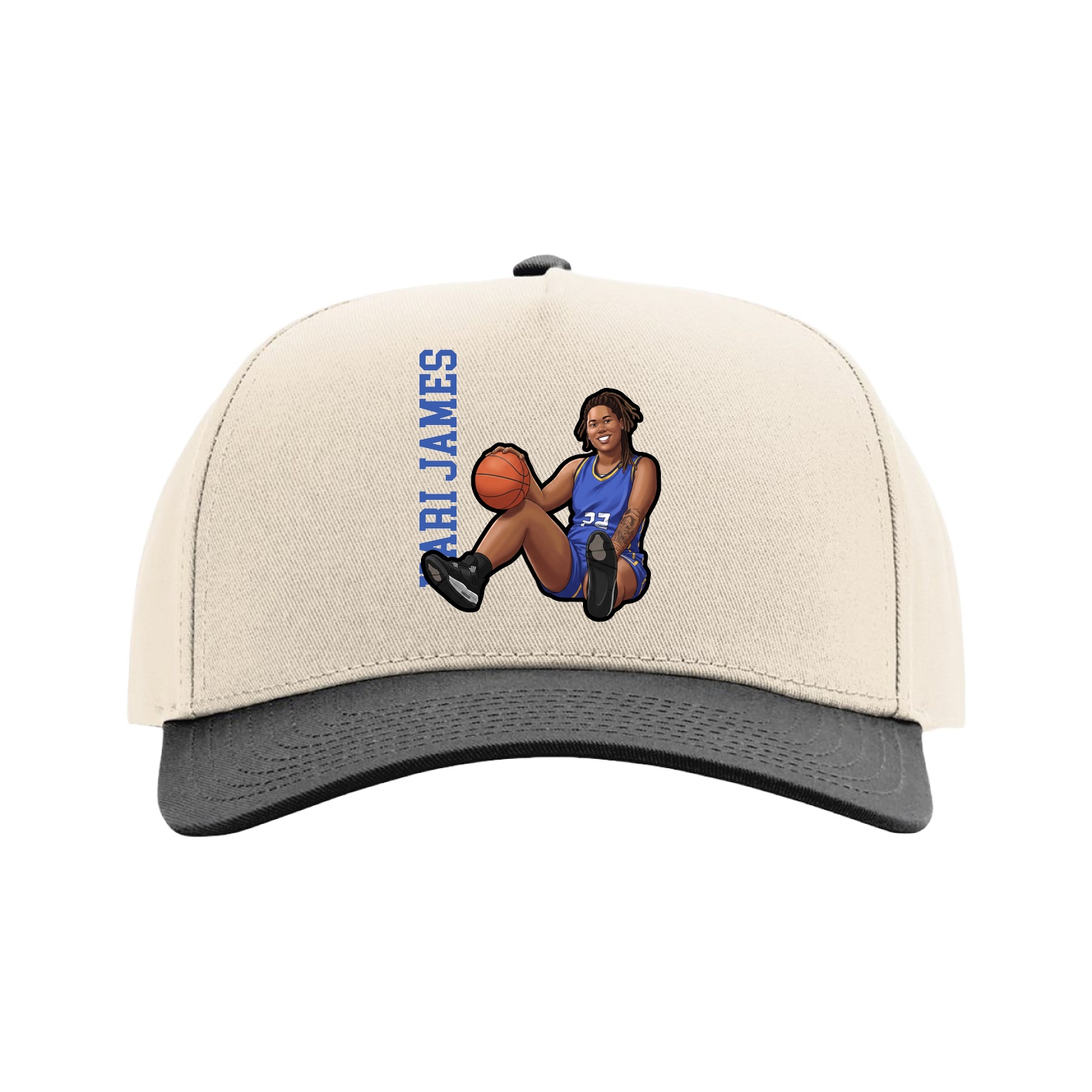 Full Fabric Five-Panel Champ Cap — Name Vertical in Cream/Black