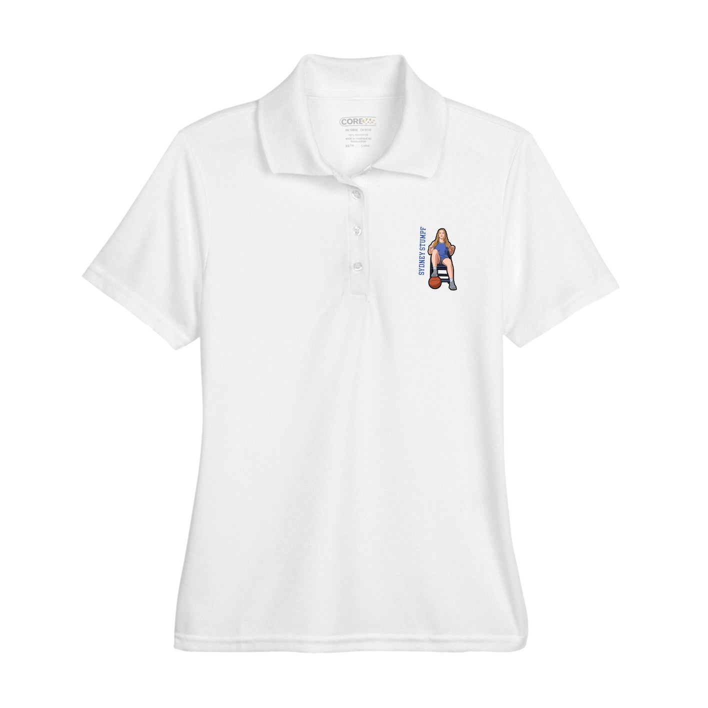 Womens Performance Polo — Name Vertical in White
