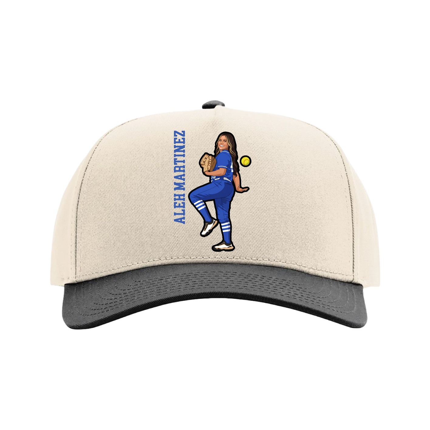 Full Fabric Five-Panel Champ Cap — Name Vertical in Cream/Black