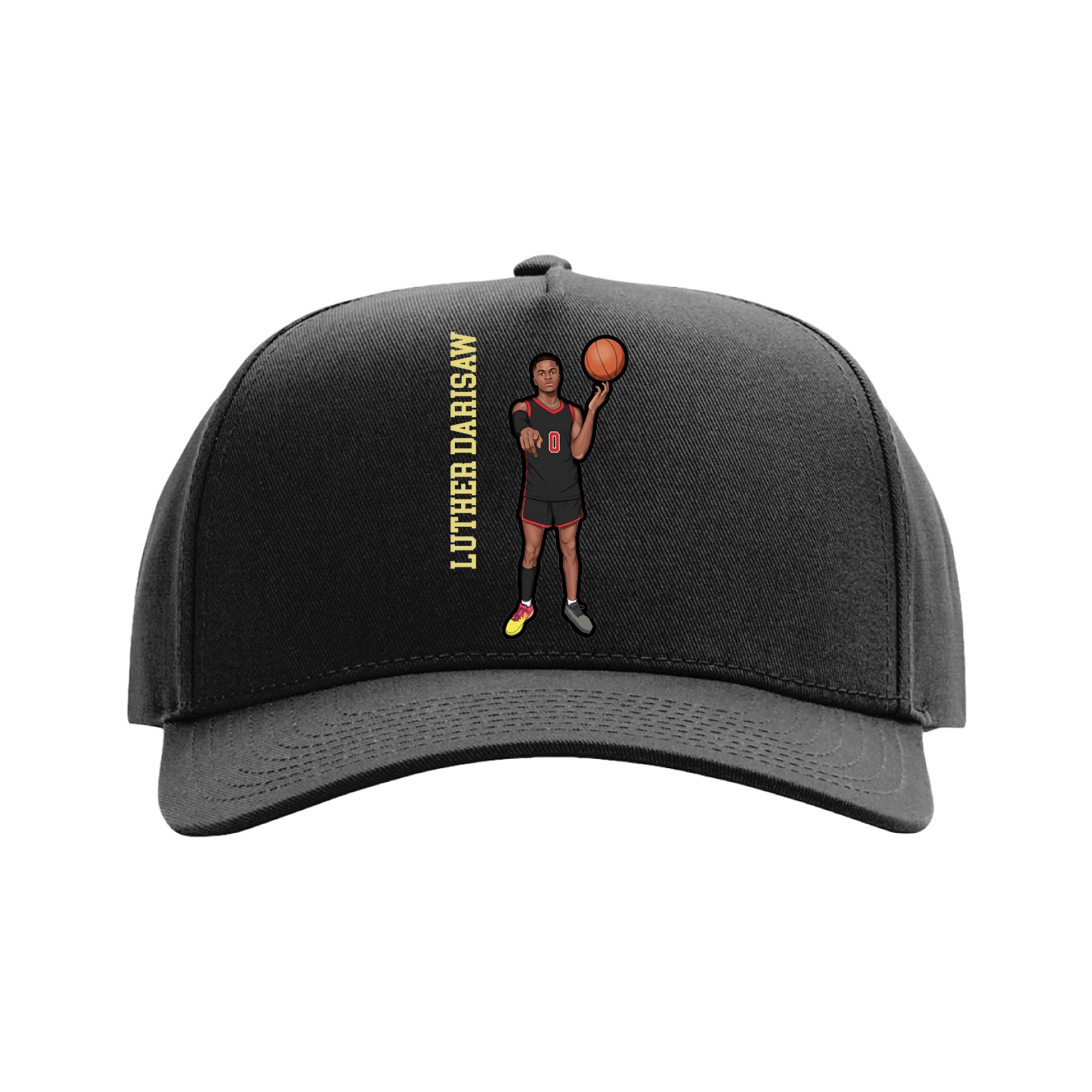 Full Fabric Five-Panel Champ Cap — Name Vertical in Black