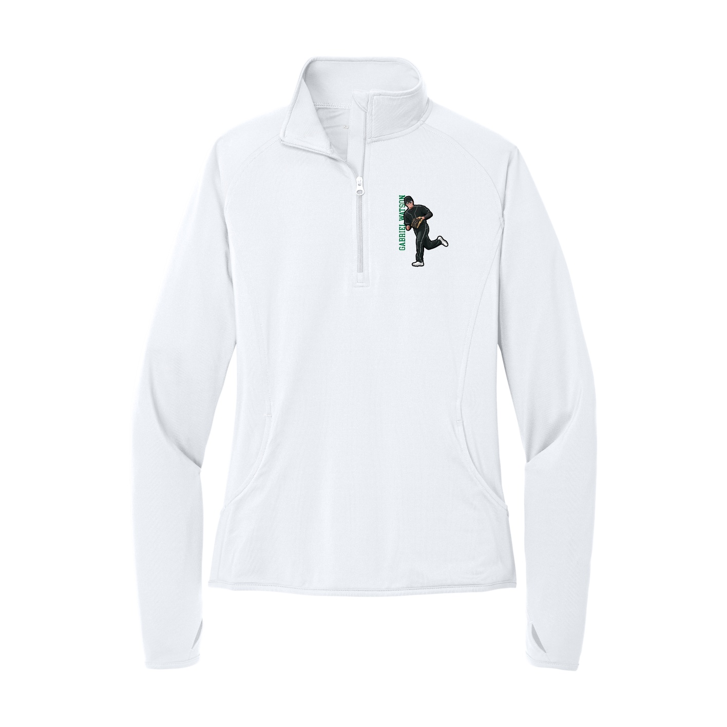 Women's Q-Zip Pullover — Name Vertical in White