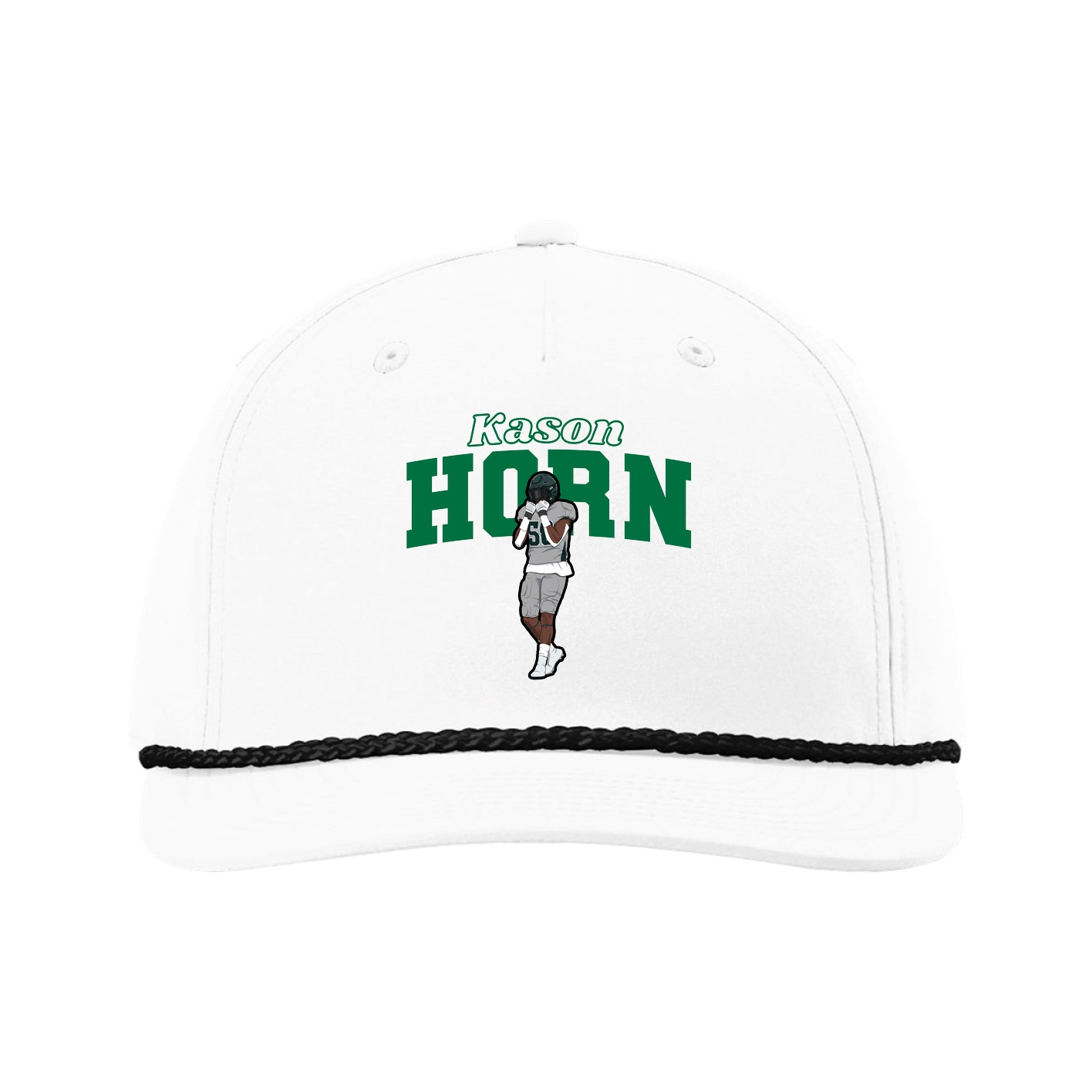 Five-Panel Classic Rope Cap — Name Arch in White