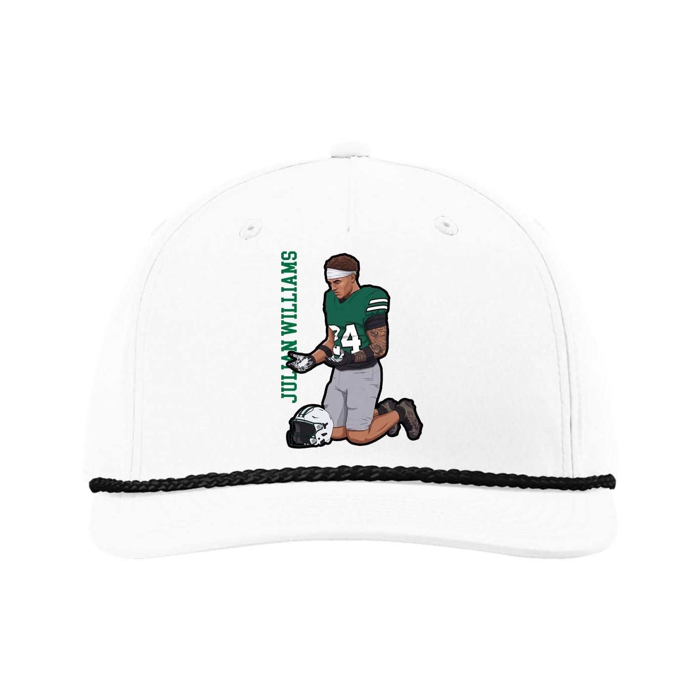 Five-Panel Classic Rope Cap — Name Vertical in White