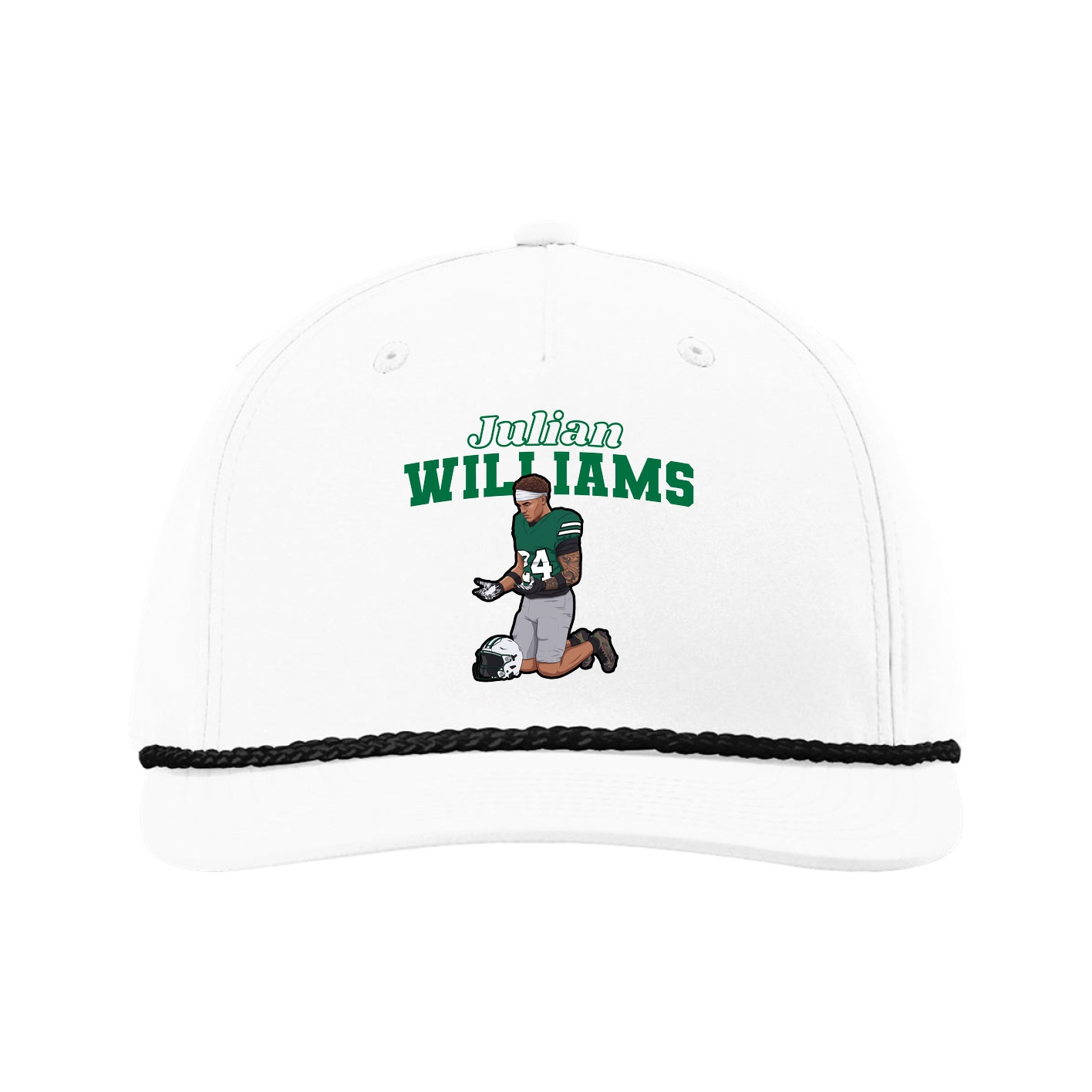 Five-Panel Classic Rope Cap — Name Arch in White