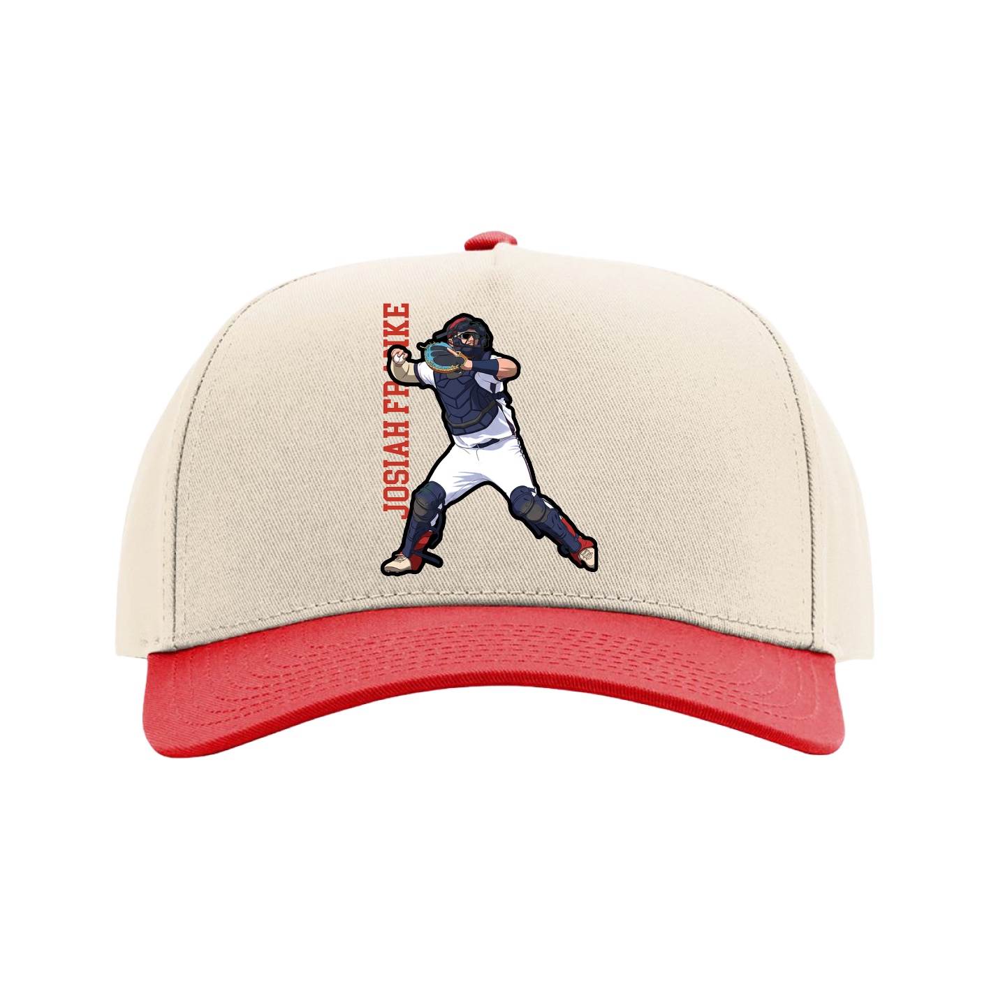Full Fabric Five-Panel Champ Cap — Name Vertical in Cream/Red