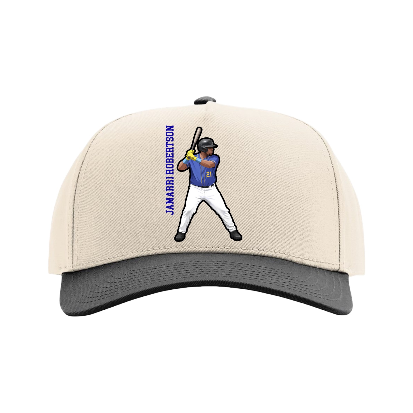 Full Fabric Five-Panel Champ Cap — Name Vertical in Cream/Black