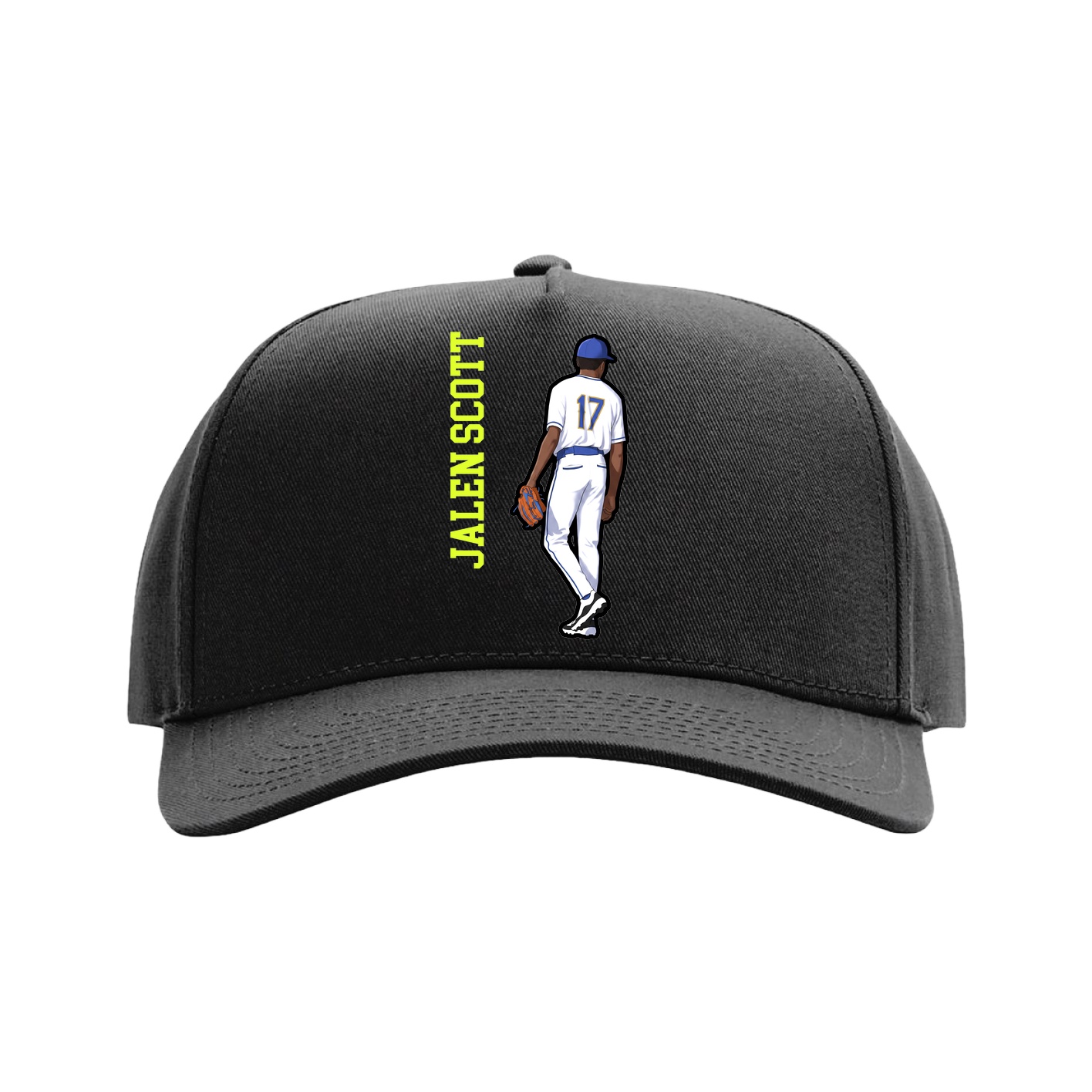 Full Fabric Five-Panel Champ Cap — Name Vertical in Black