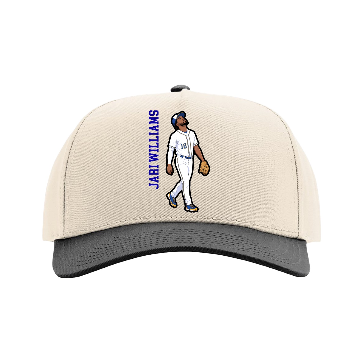 Full Fabric Five-Panel Champ Cap — Name Vertical in Cream/Black