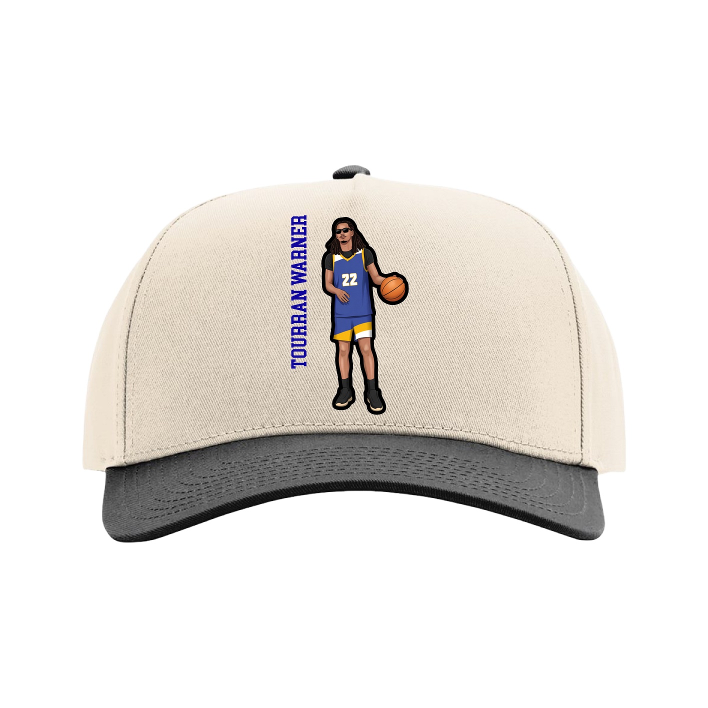 Full Fabric Five-Panel Champ Cap — Name Vertical in Cream/Black