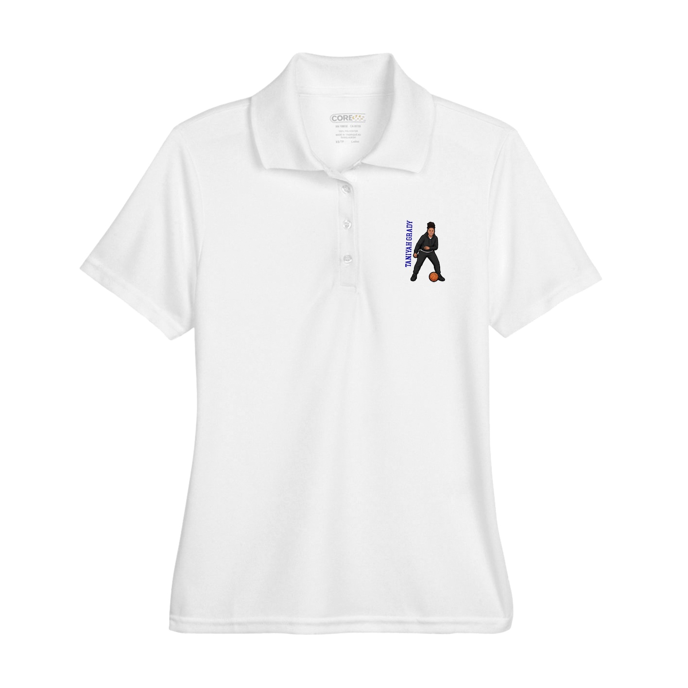 Womens Performance Polo — Name Vertical in White