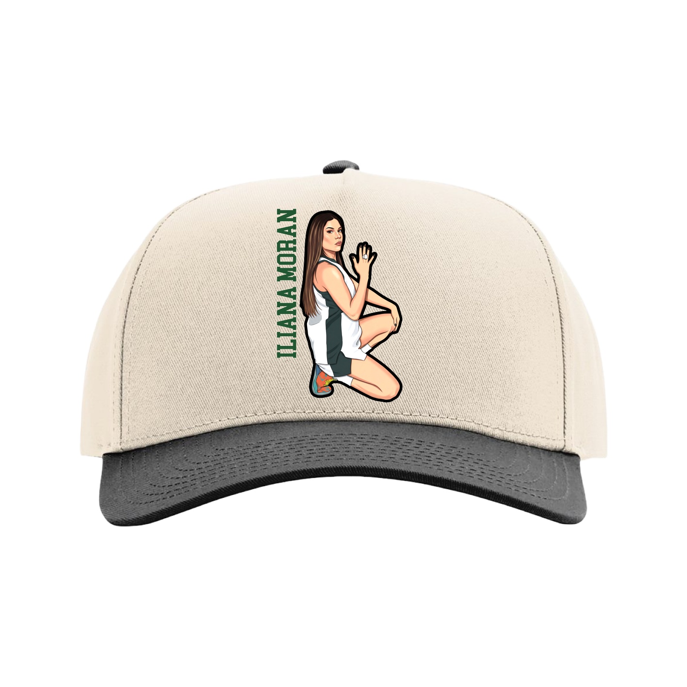 Full Fabric Five-Panel Champ Cap — Name Vertical in Cream/Black