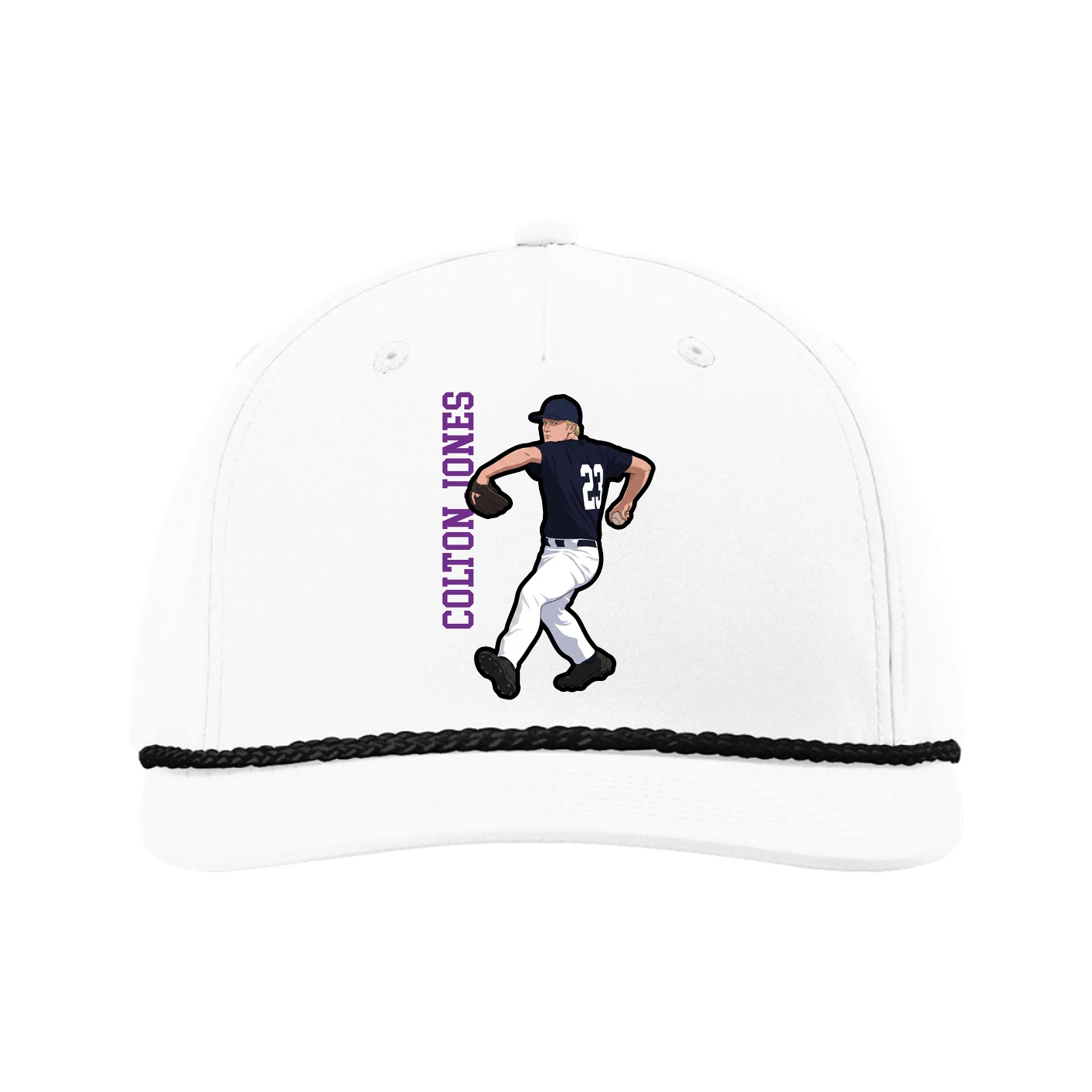 Five-Panel Classic Rope Cap — Name Vertical in White
