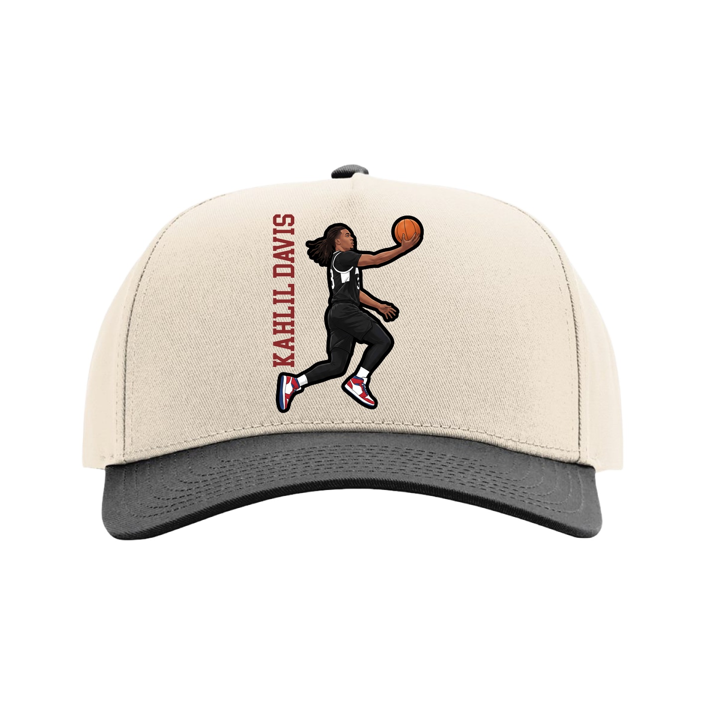 Full Fabric Five-Panel Champ Cap — Name Vertical in Cream/Black