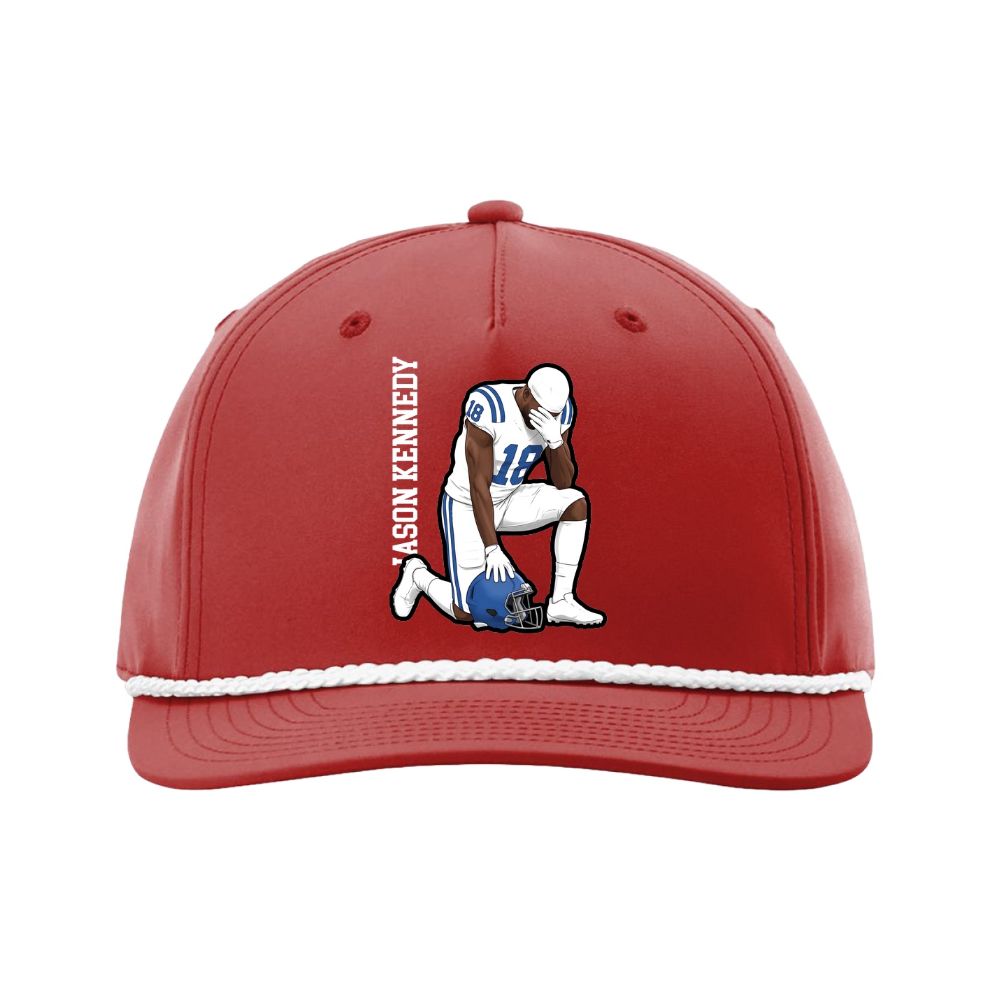 Five-Panel Classic Rope Cap — Name Vertical in Red