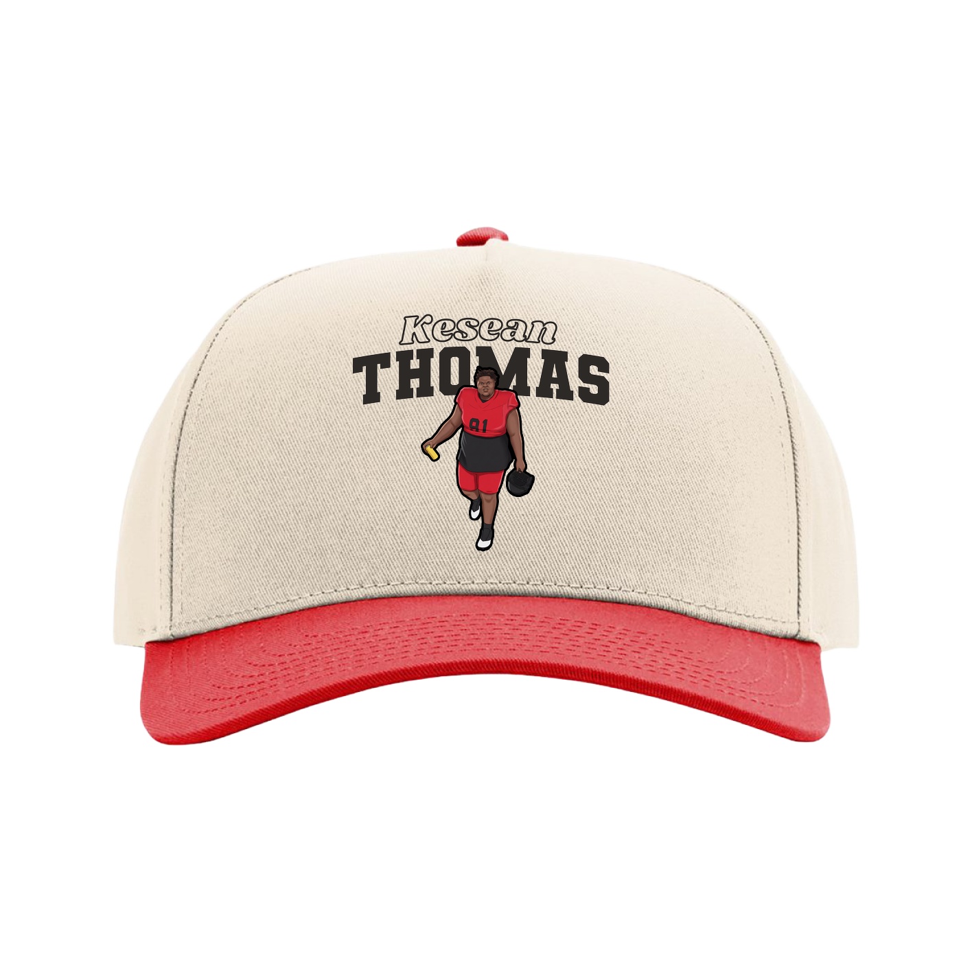 Full Fabric Five-Panel Champ Cap — Name Arch in Cream/Red