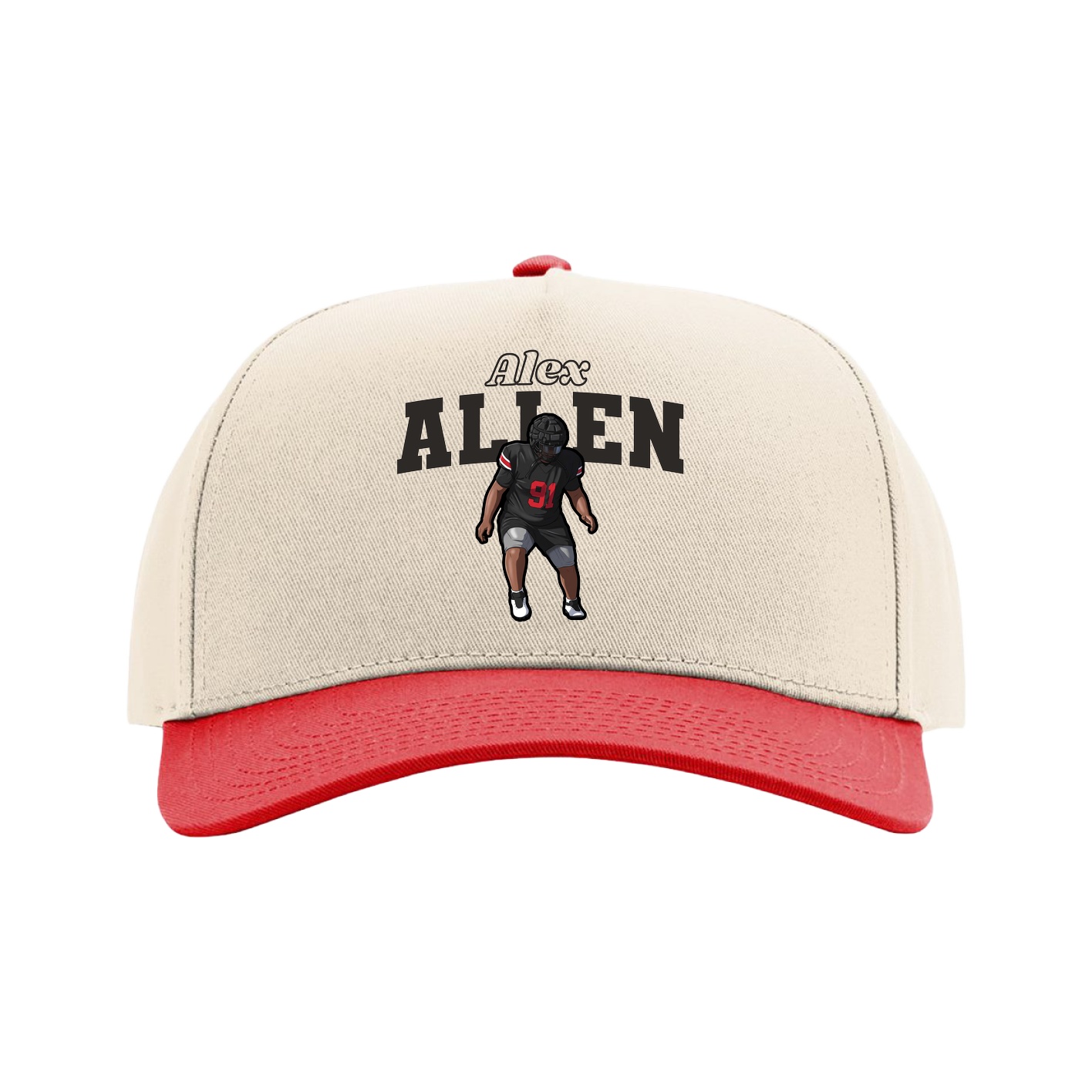 Full Fabric Five-Panel Champ Cap — Name Arch in Cream/Red