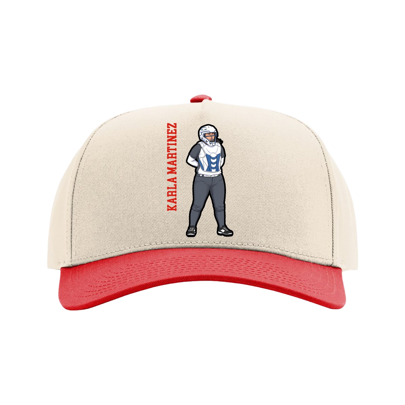 Full Fabric Five-Panel Champ Cap — Name Vertical in Cream/Red