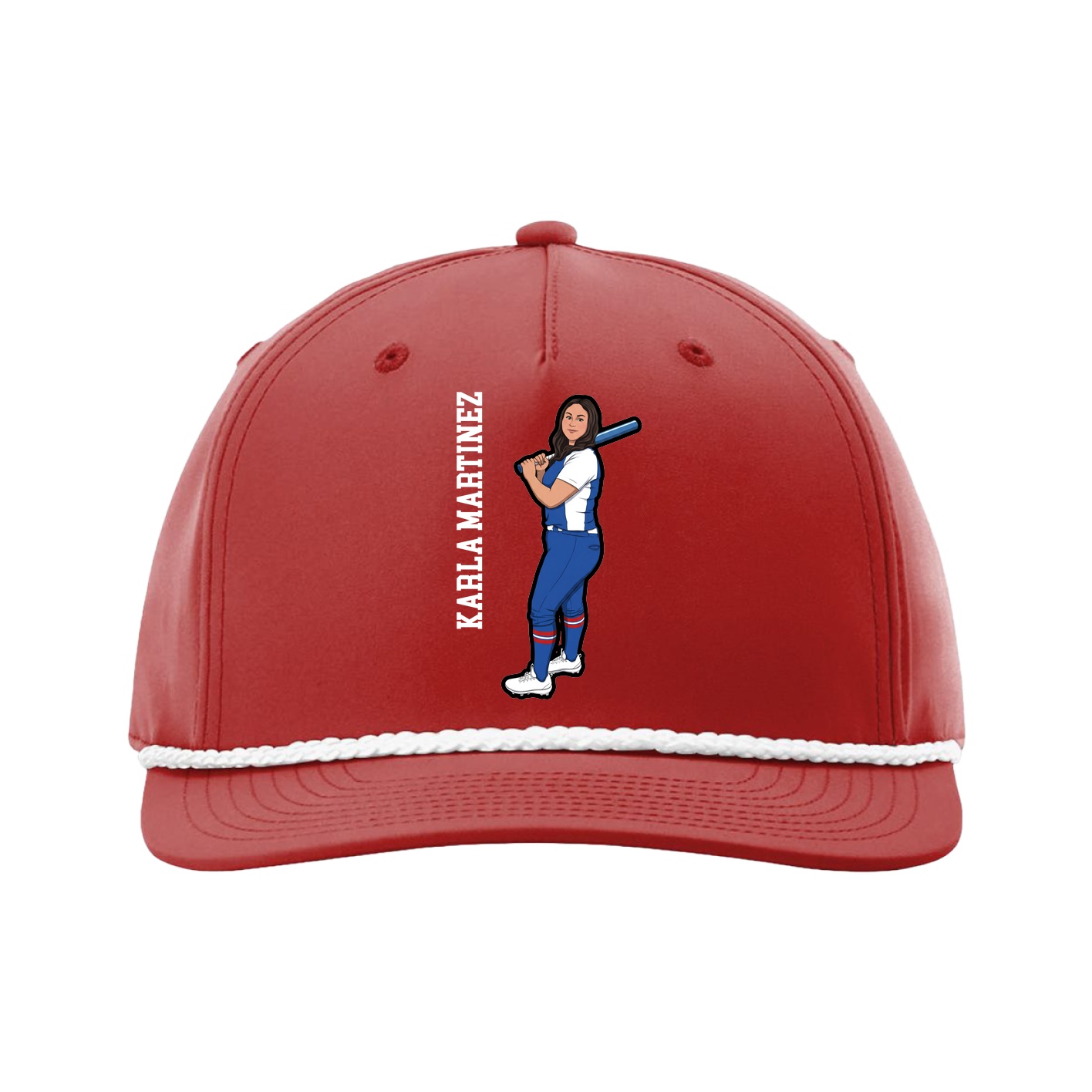 Five-Panel Classic Rope Cap — Name Vertical in Red